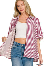 Women’s oversized striped button-down shirt, burgundy and white vertical stripes, rolled sleeves