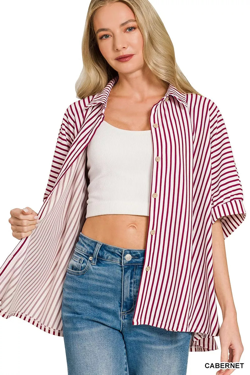 Women’s oversized striped button-down shirt, burgundy and white vertical stripes, rolled sleeves