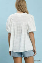 Off-white textured puff-sleeve blouse with back yoke detail