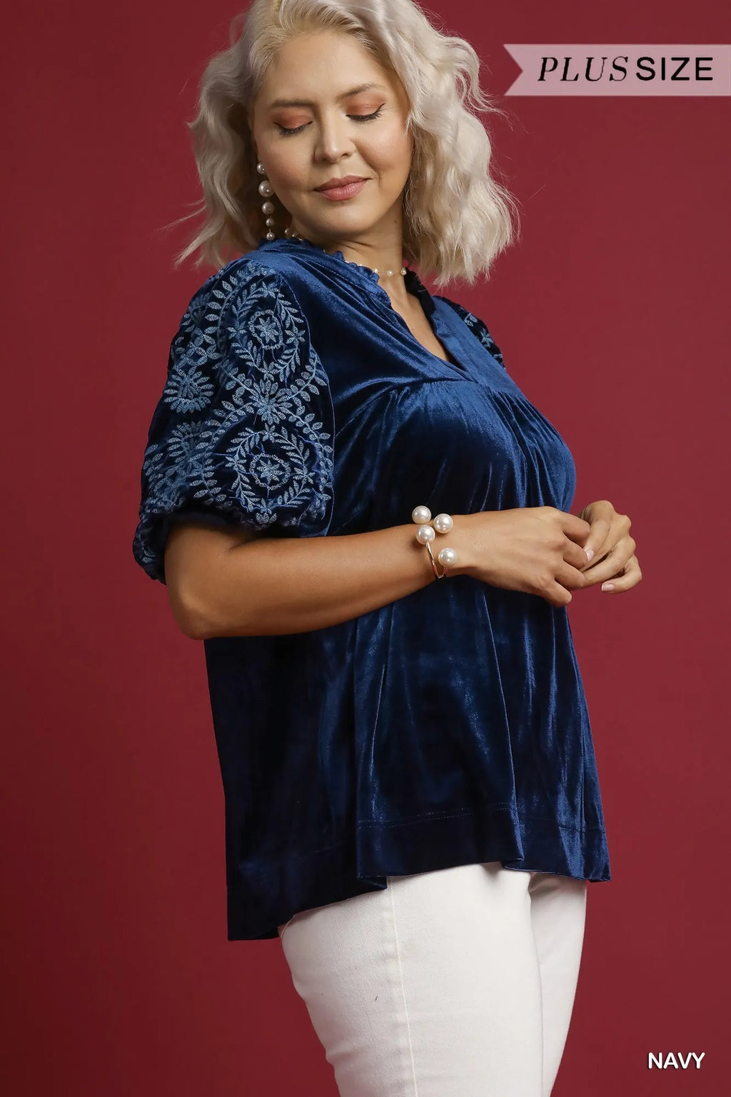 Navy Velvet Embroidered Sleeve Blouse Boho Chic Elegance
