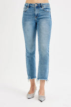 Cropped Straight Jeans – Mid Rise Light Vintage Wash with Raw Hem