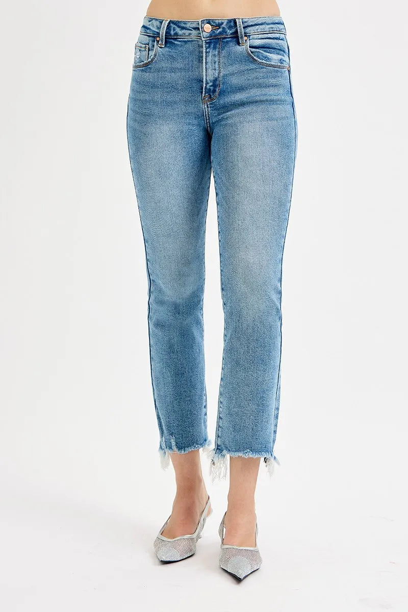 Cropped Straight Jeans – Mid Rise Light Vintage Wash with Raw Hem