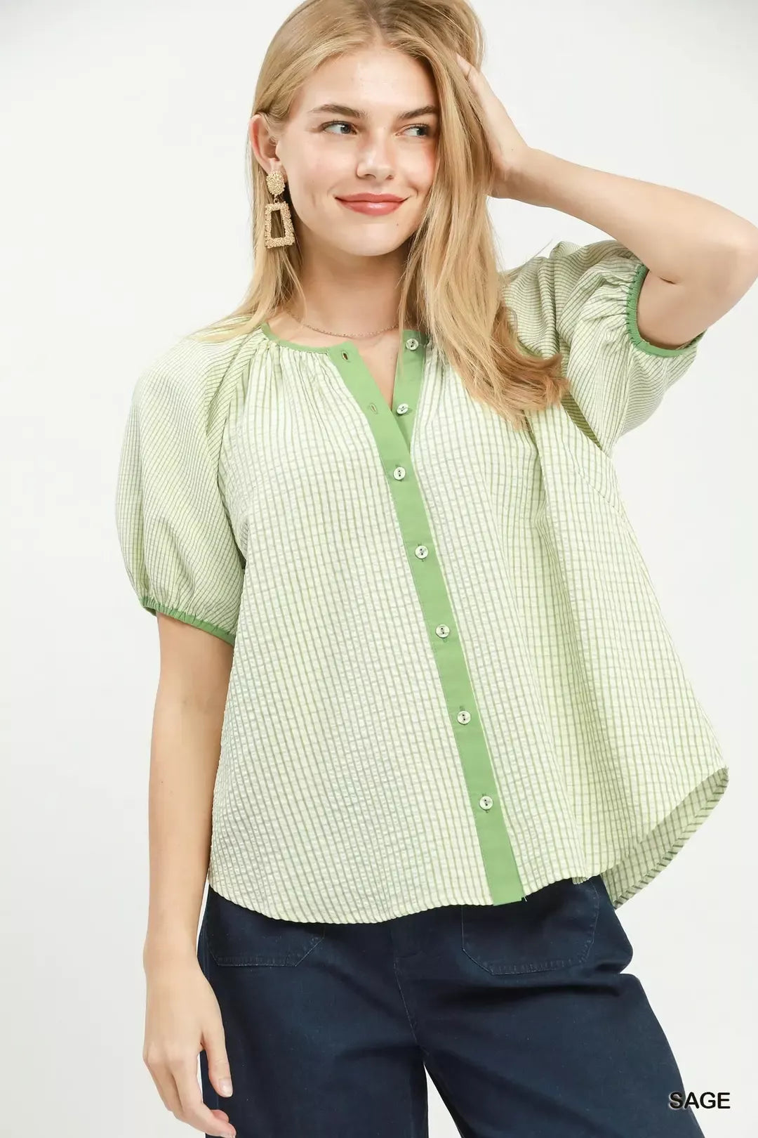 Sage green checker puff-sleeve button-front blouse with rounded neckline