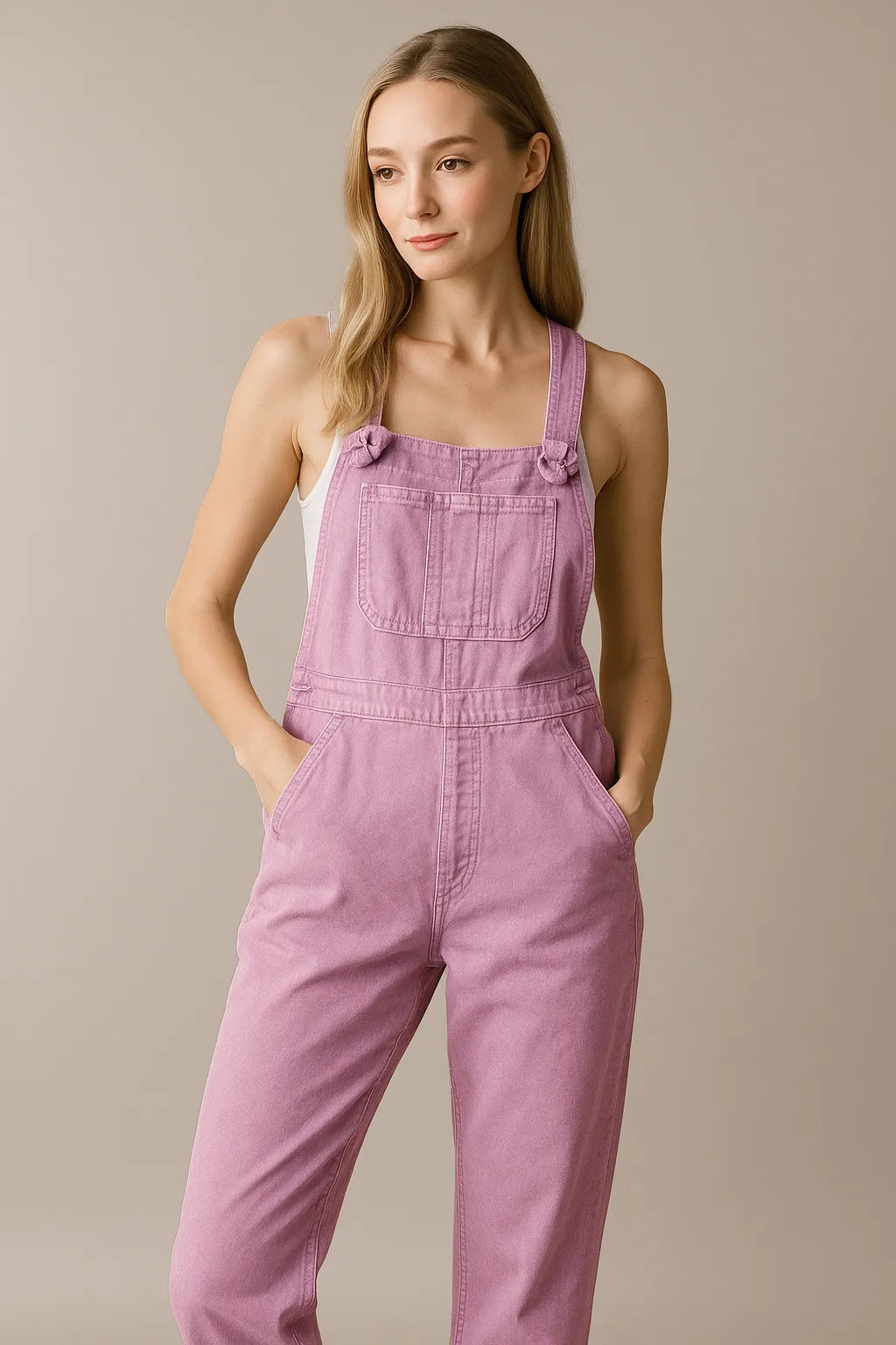 Beige Classic Denim Overalls – Adjustable Straps & Pockets