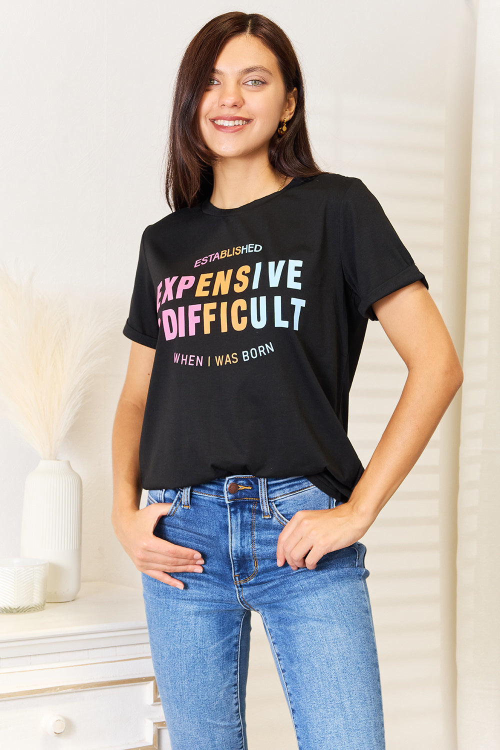 Slogan Graphic Cuffed Sleeve T-Shirt Trendy & Expressive Style