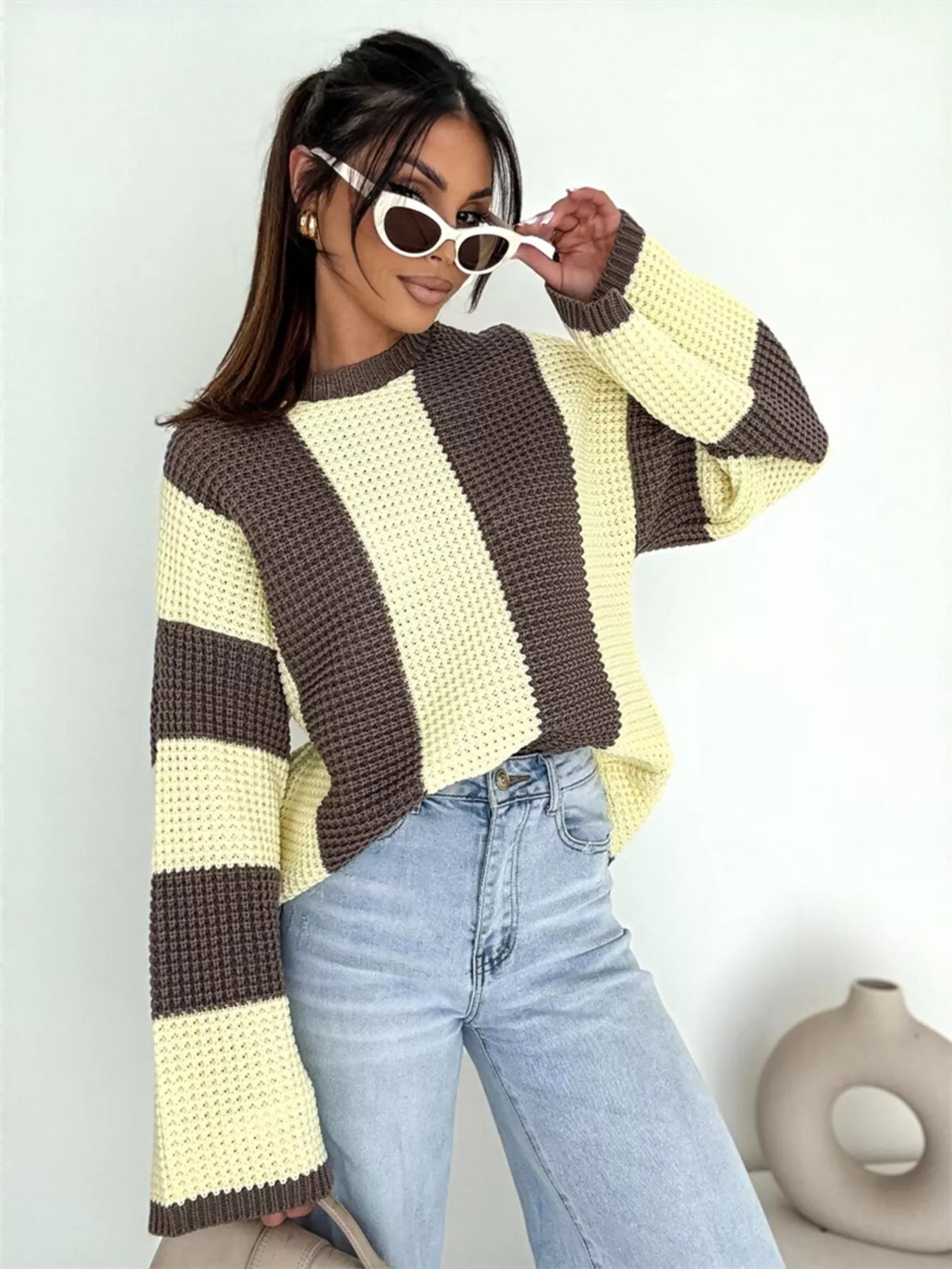 Color Block Long Sleeve Sweater – Trendy Casual Knitwear