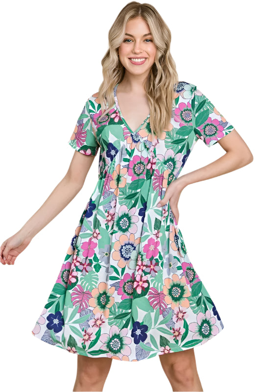 BOMBOM Ruched Floral V-Neck Short Sleeve Dress