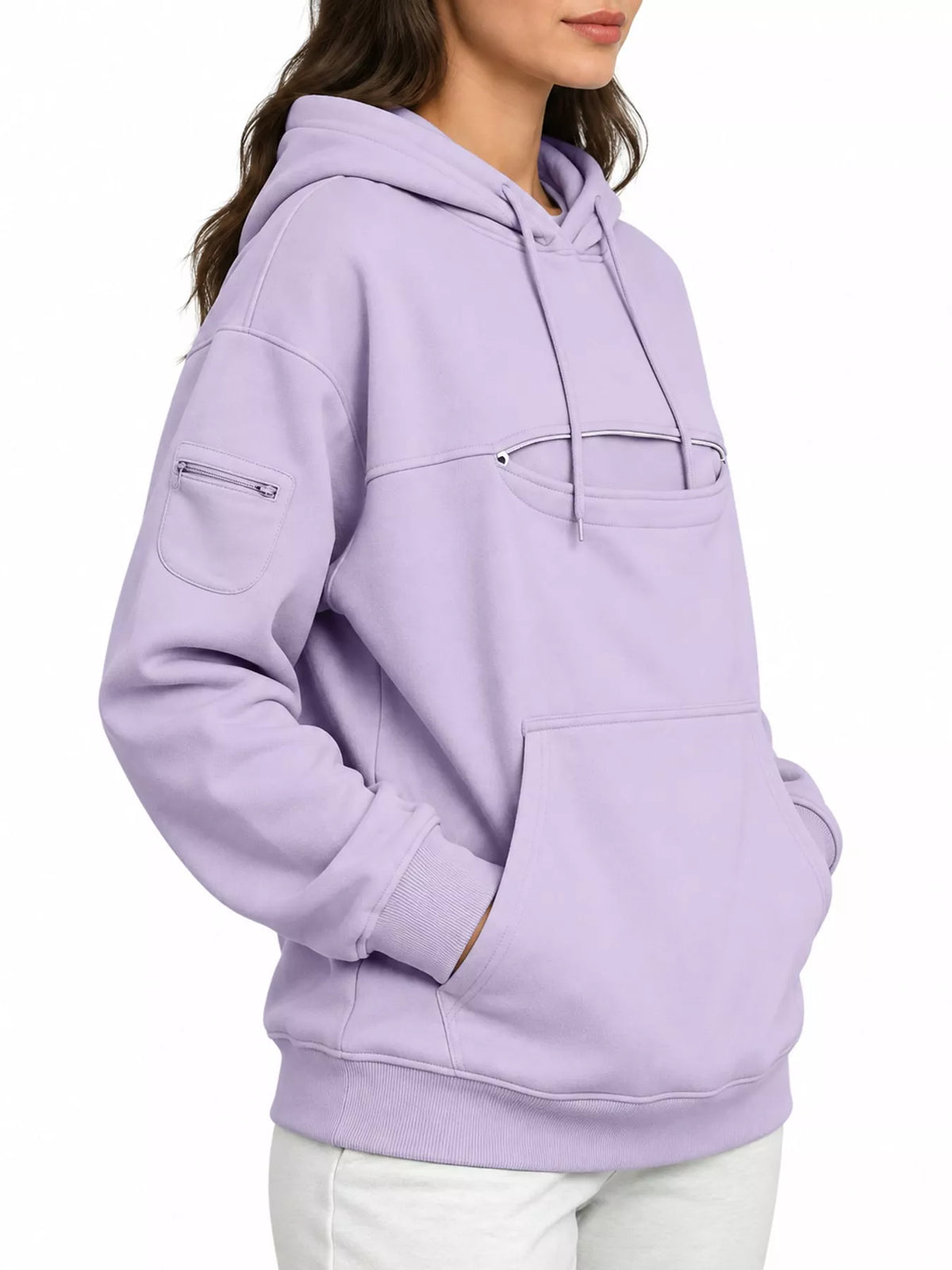 Lavender cat-pouch hoodie with kangaroo pocket, hood, and sleeve pocket