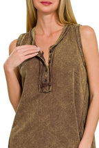 Washed Sleeveless Henley – Raw Edge Half-Button Tank Top