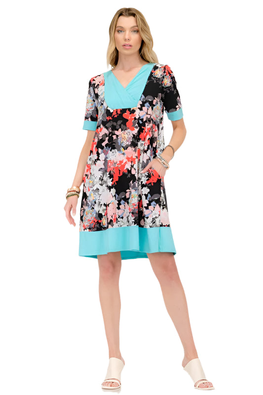Celeste Floral Surplice Short Sleeve Dress with Pockets
