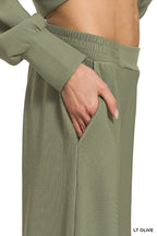 Olive Green Ribbed Knit Lounge Set – Half-Zip Hoodie & Palazzo Pants
