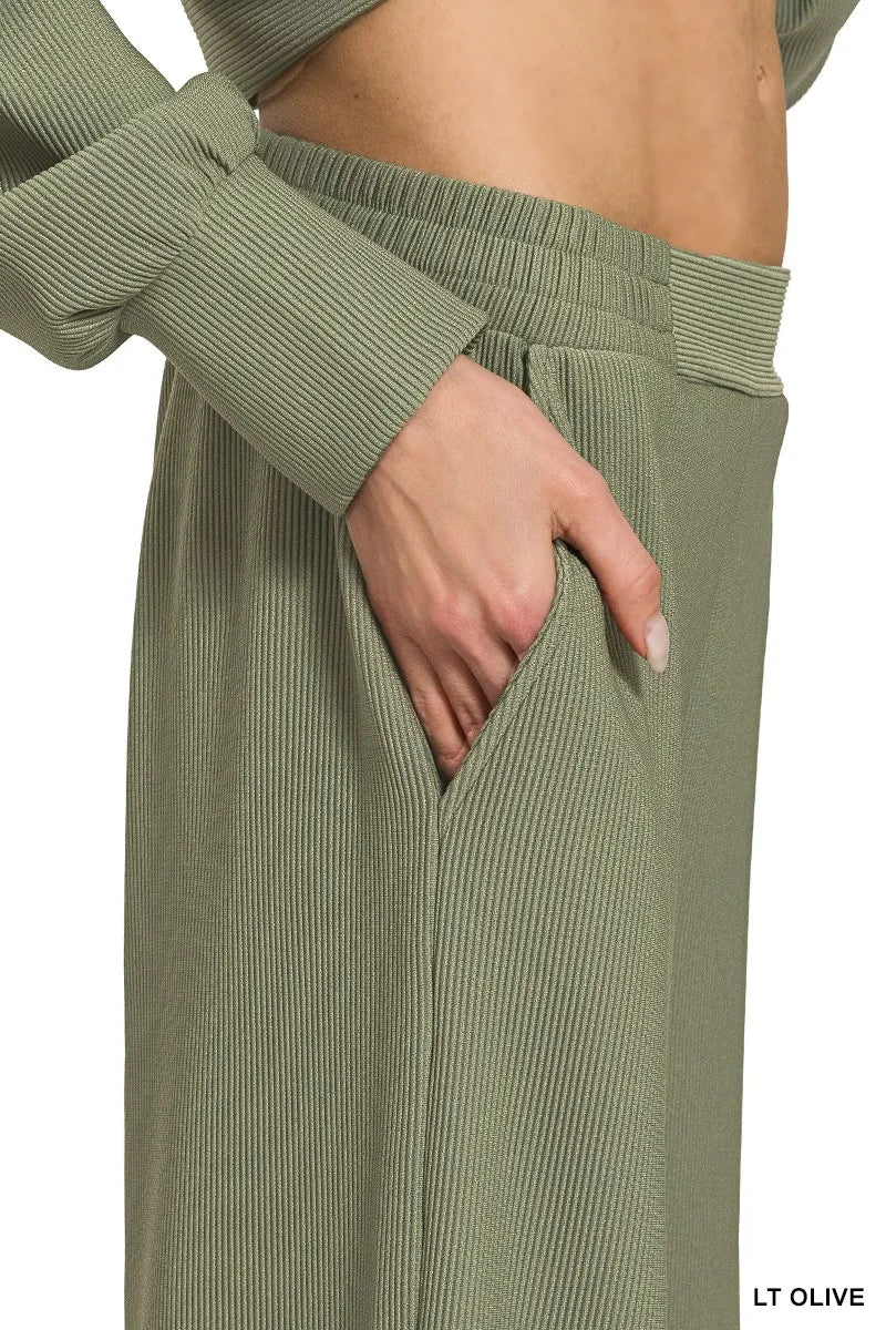 Olive Green Ribbed Knit Lounge Set – Half-Zip Hoodie & Palazzo Pants