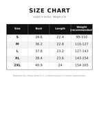 Sweater size chart table with bust, length, and weight (recommended) by size.