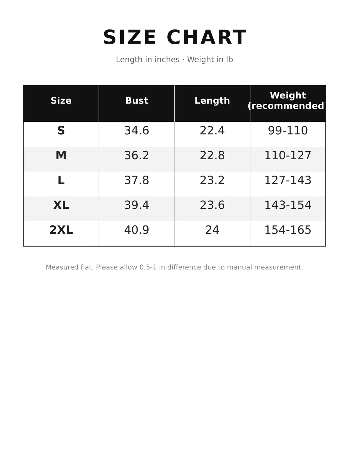 Sweater size chart table with bust, length, and weight (recommended) by size.