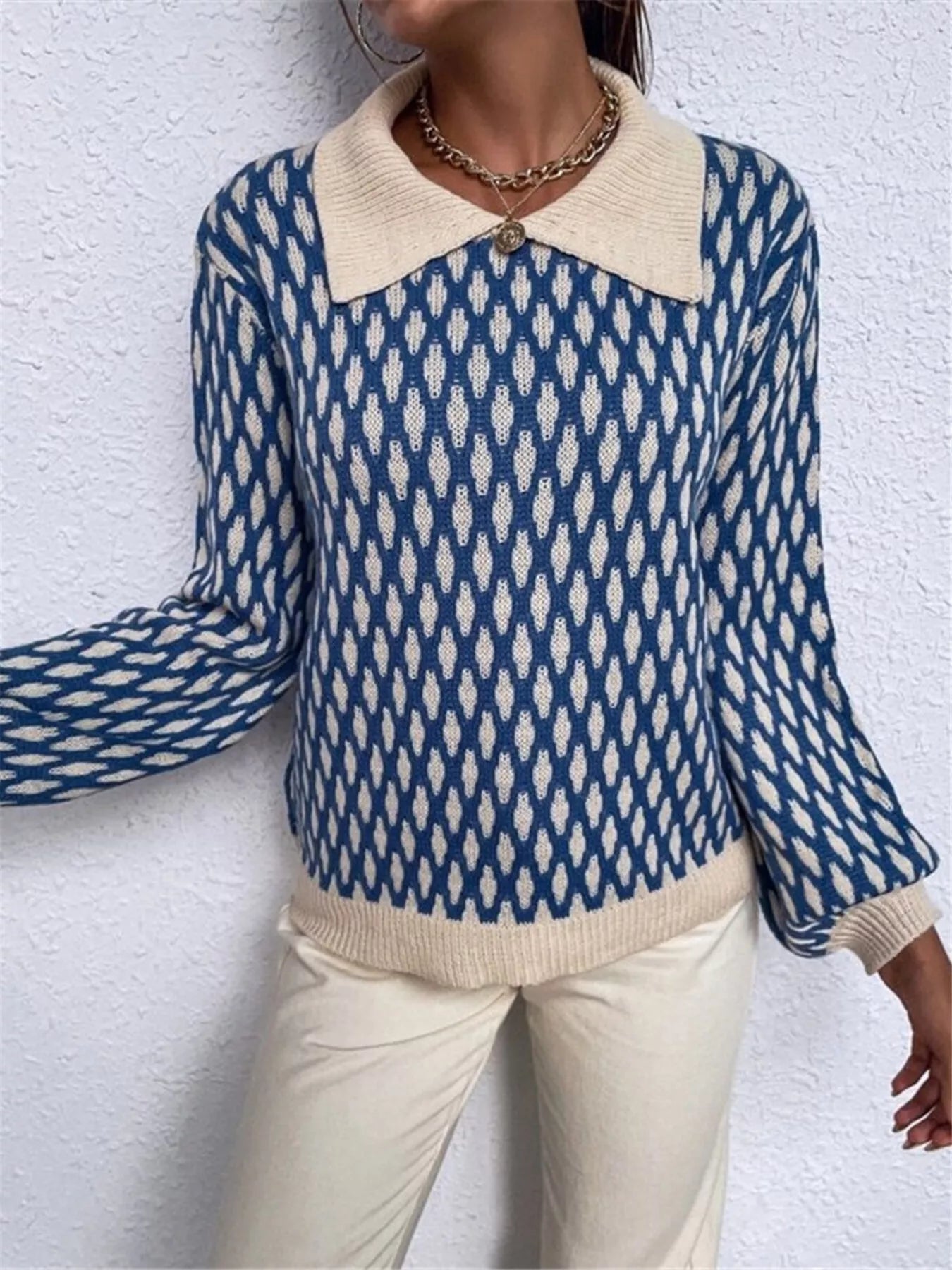 Diamond Pattern Peter Pan Collar Sweater – Chic Vintage Knit