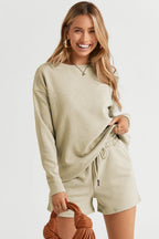 Textured long sleeve top and shorts set, light cream, front view