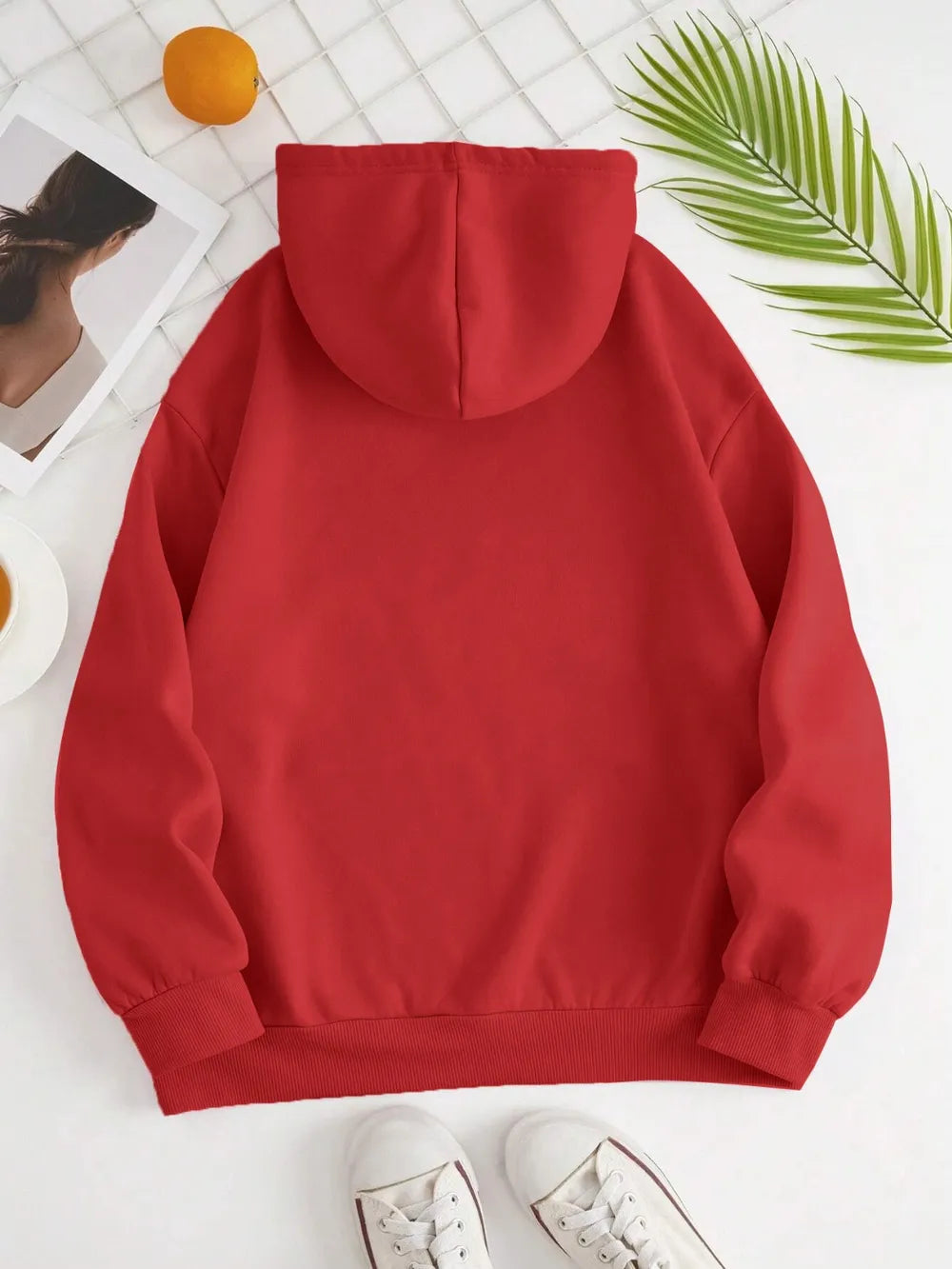Red hoodie with front kangaroo pocket and hood, dropped shoulders