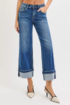 Risen Women's Ankle Straight Jeans with Cuffed Hem Casual Stretch Denim