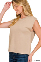 Women's light mocha round-neck viscose sweater vest, sleeveless, side view