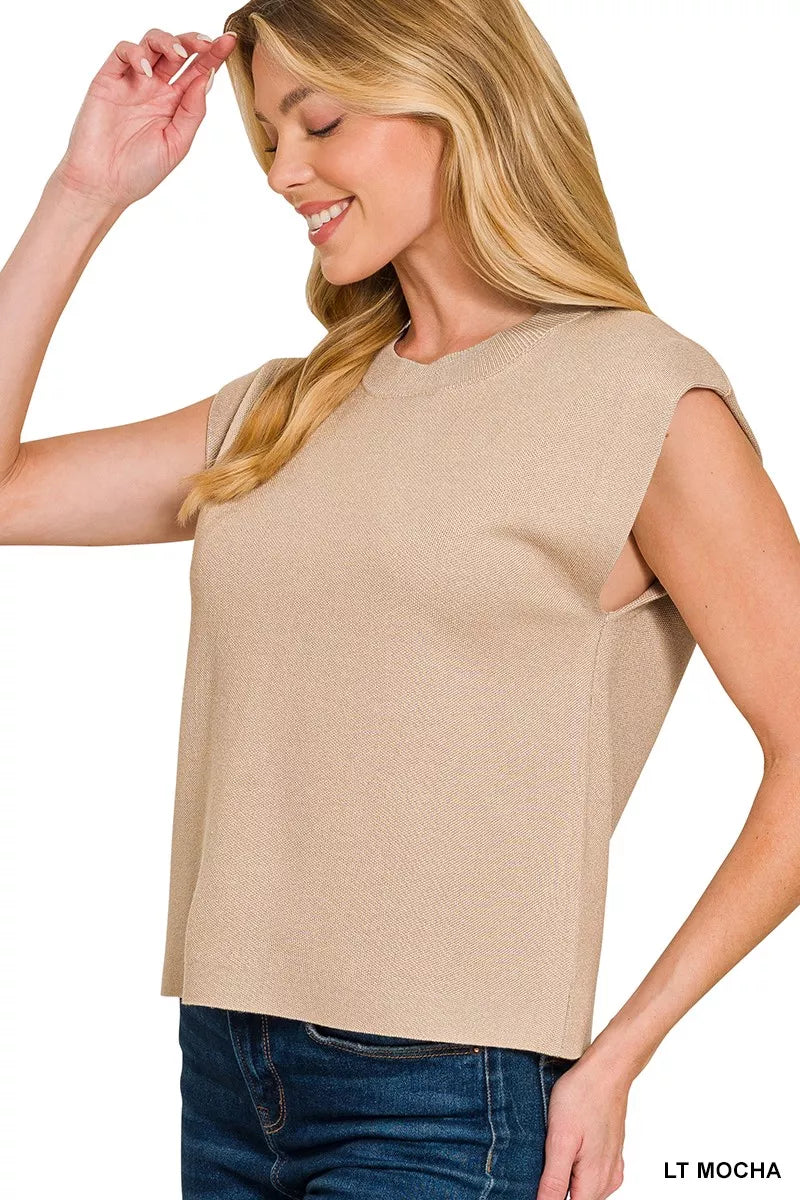 Women's light mocha round-neck viscose sweater vest, sleeveless, side view