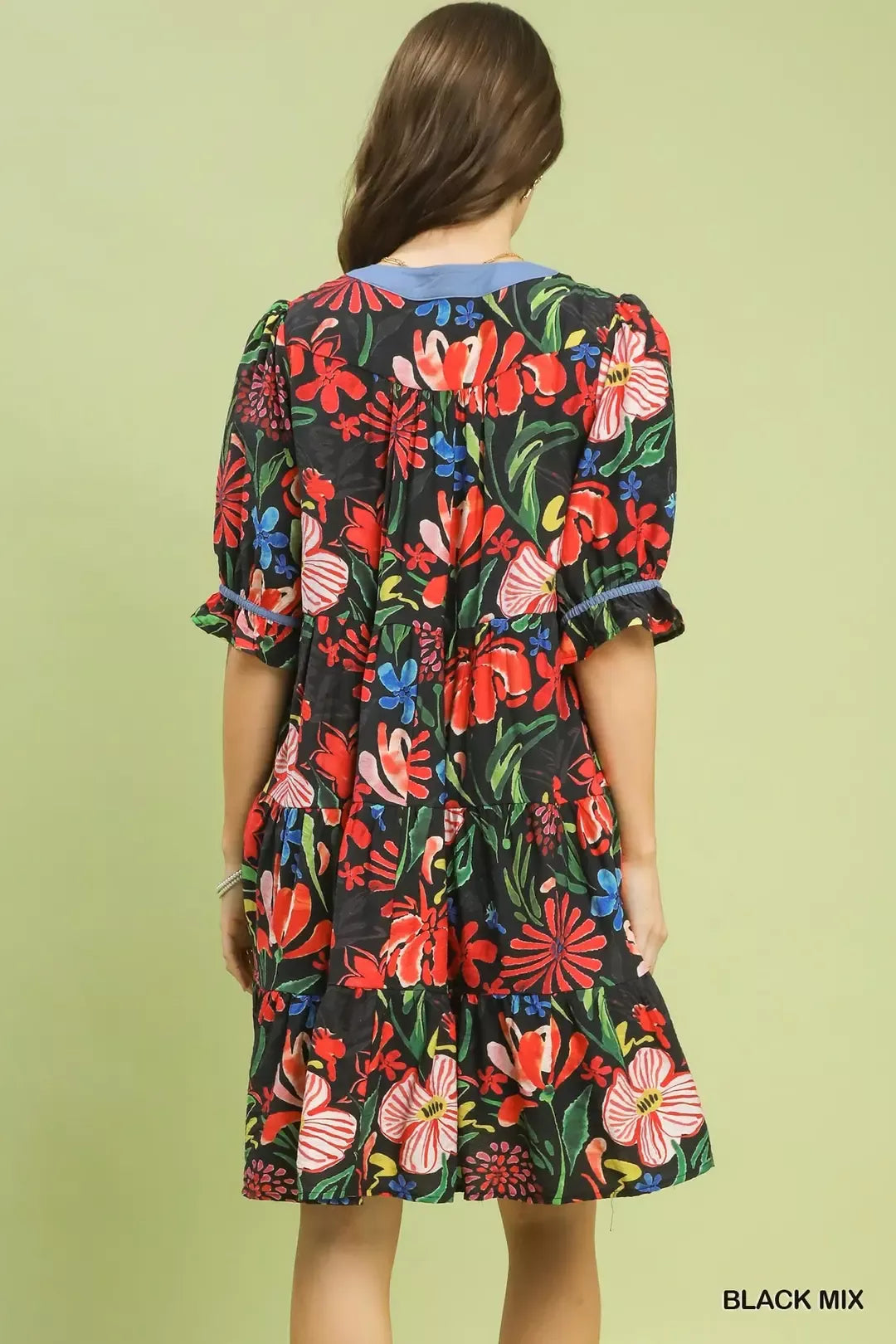 Floral tiered puff-sleeve dress back view, black with bright red and blue flowers