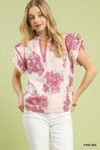 Floral flutter-sleeve blouse with double ruffle neckline, pink mix print