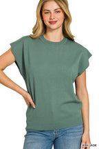 Jade green ribbed round-neck short-sleeve sweater top with ribbed hem