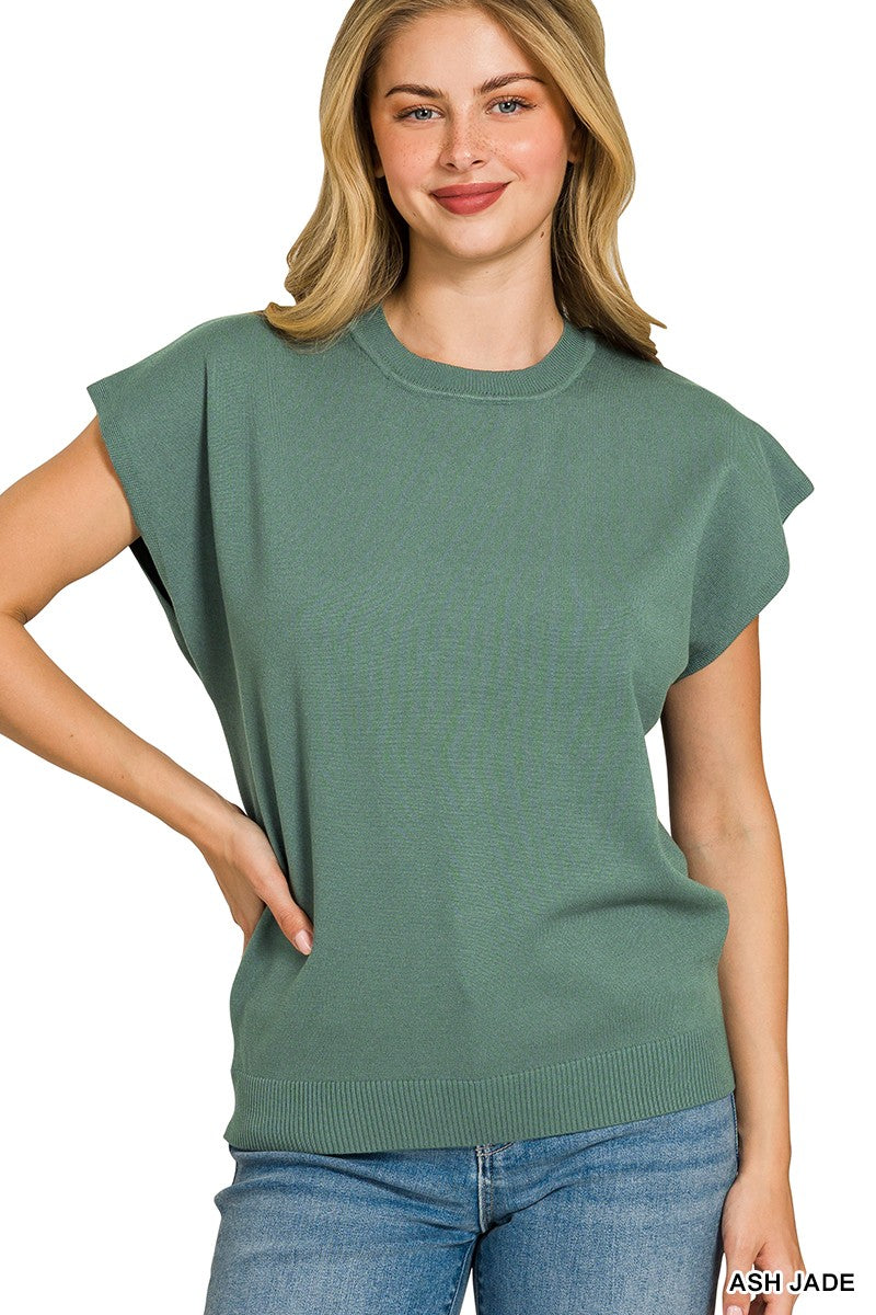 Jade green ribbed round-neck short-sleeve sweater top with ribbed hem