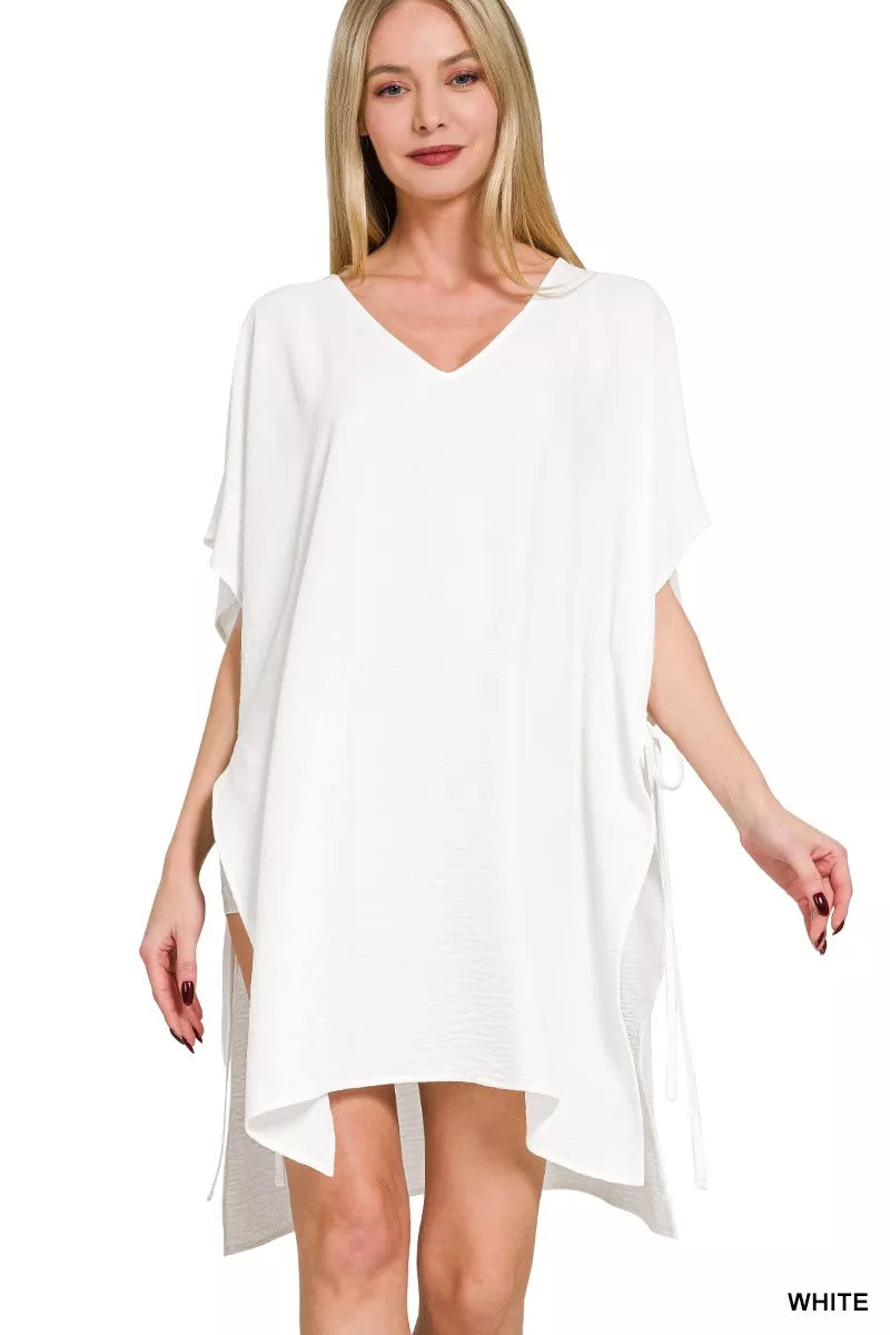 White V-neck tie-side cover-up with loose fit and flutter sleeves