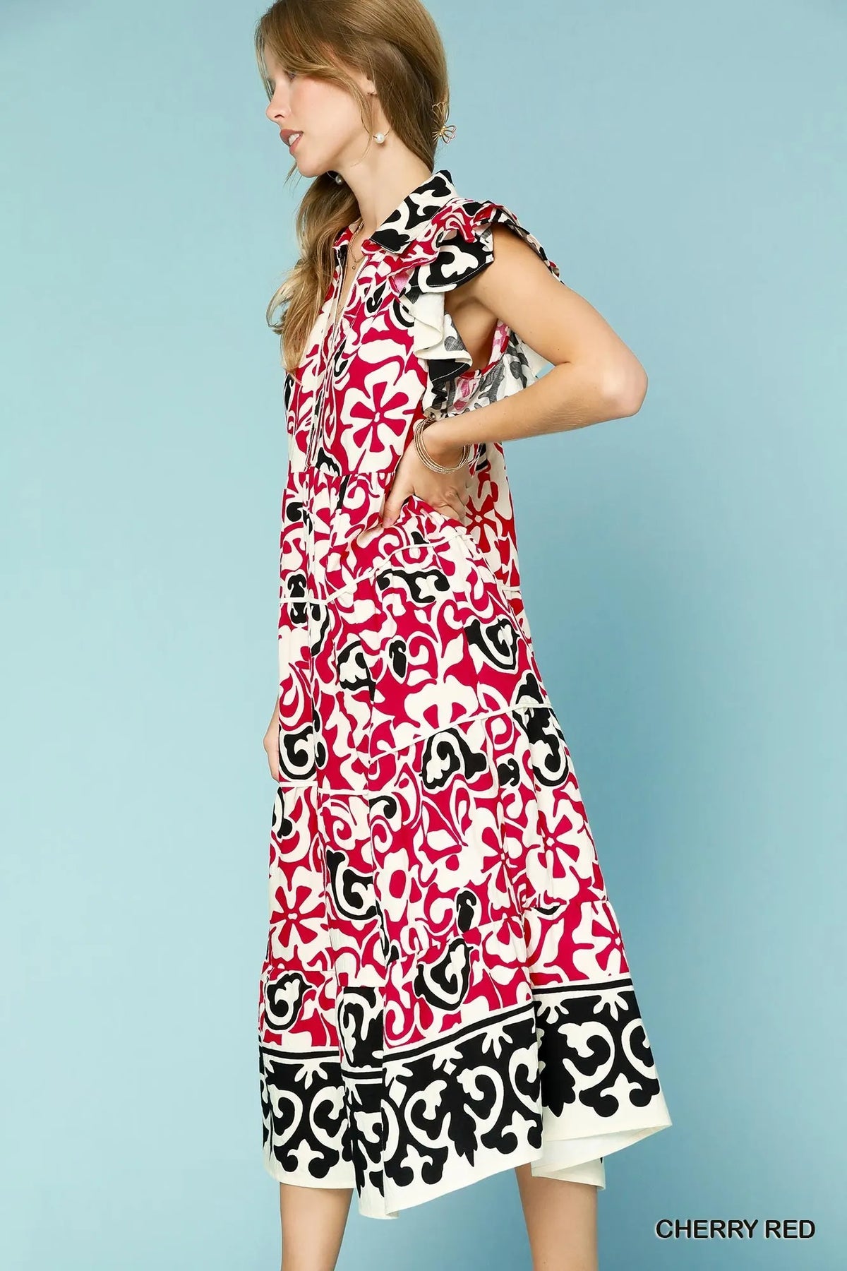 Boho Floral Midi Dress – V-Neck, Ruffle Cap Sleeves & Bold Print
