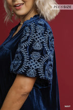 Navy Velvet Embroidered Sleeve Blouse Boho Chic Elegance