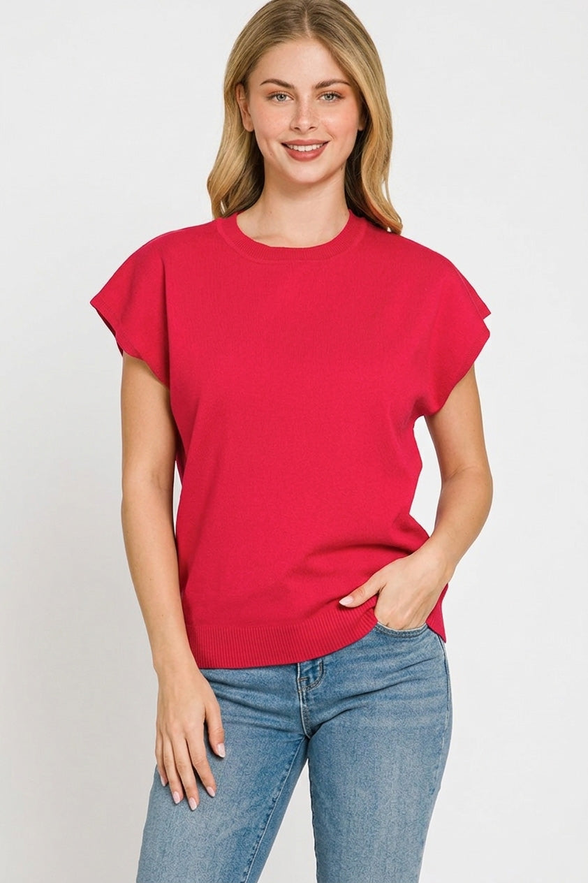 Red ribbed crewneck knit top with short sleeves and straight torso fit