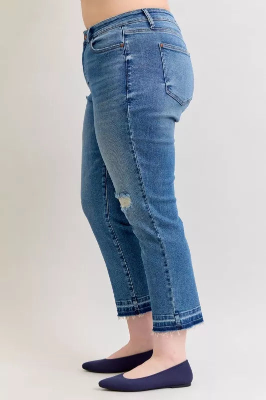 Judy Blue Mid Rise Boyfriend Patch & Repair Jeans – Edgy Denim Style