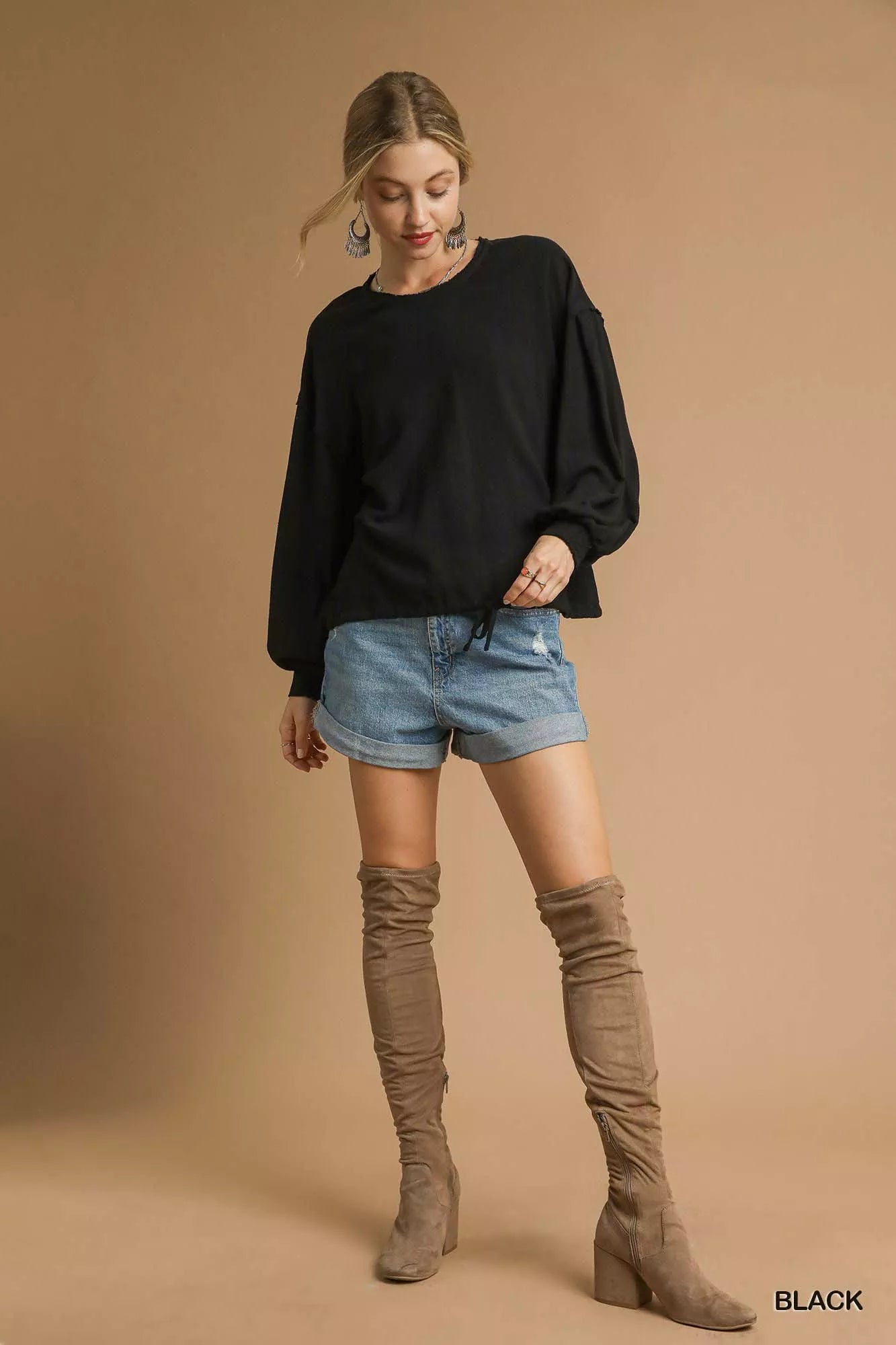 Linen Long Sleeve Top with Drawstring Detail Plus Women’s Versatile Shirt