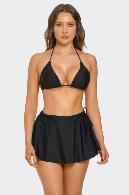 Black triangle bikini top with matching high-rise swim skirt, tie-back detail
