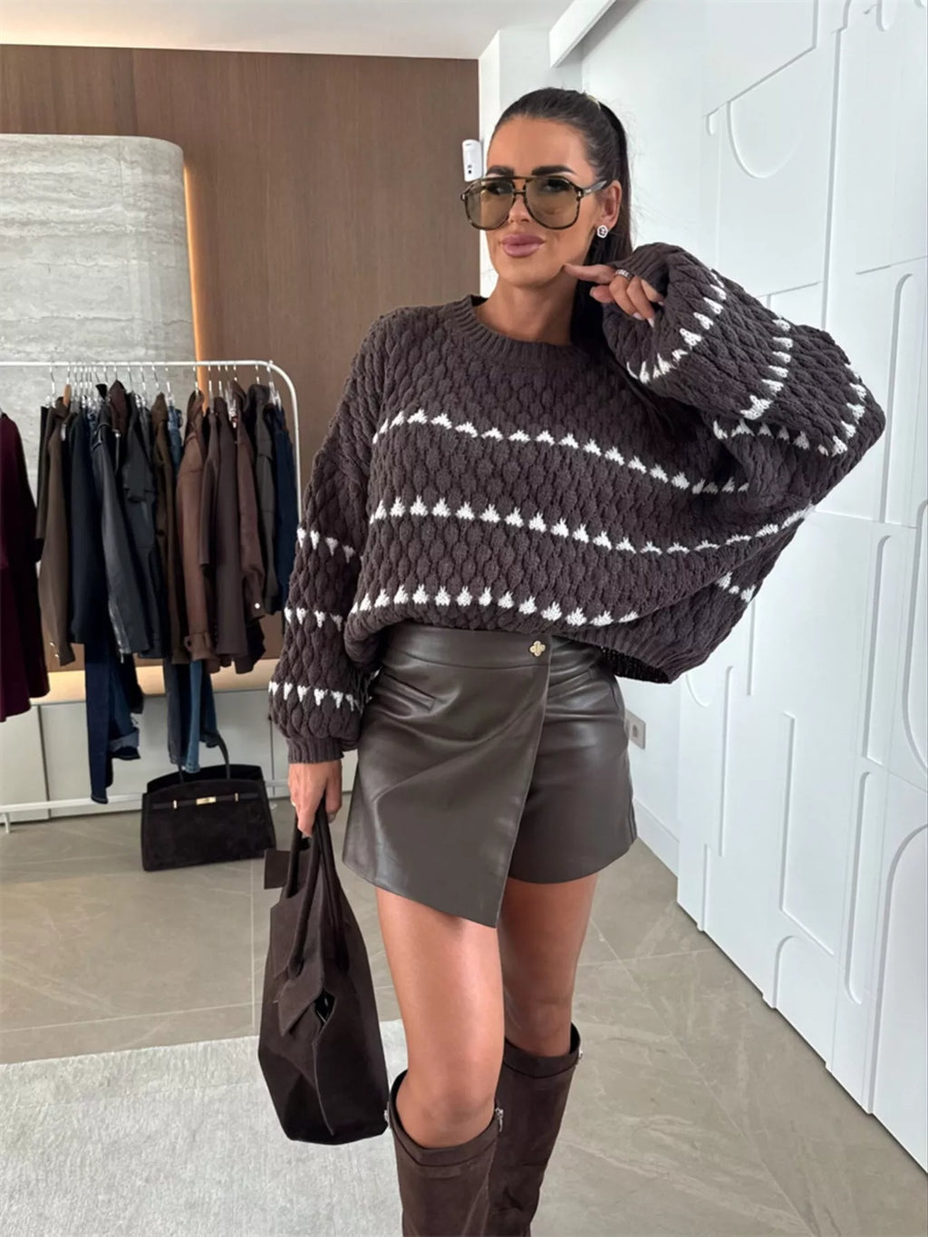 Chunky Knit Striped Sweater with Balloon Sleeves – Cozy Chic Style