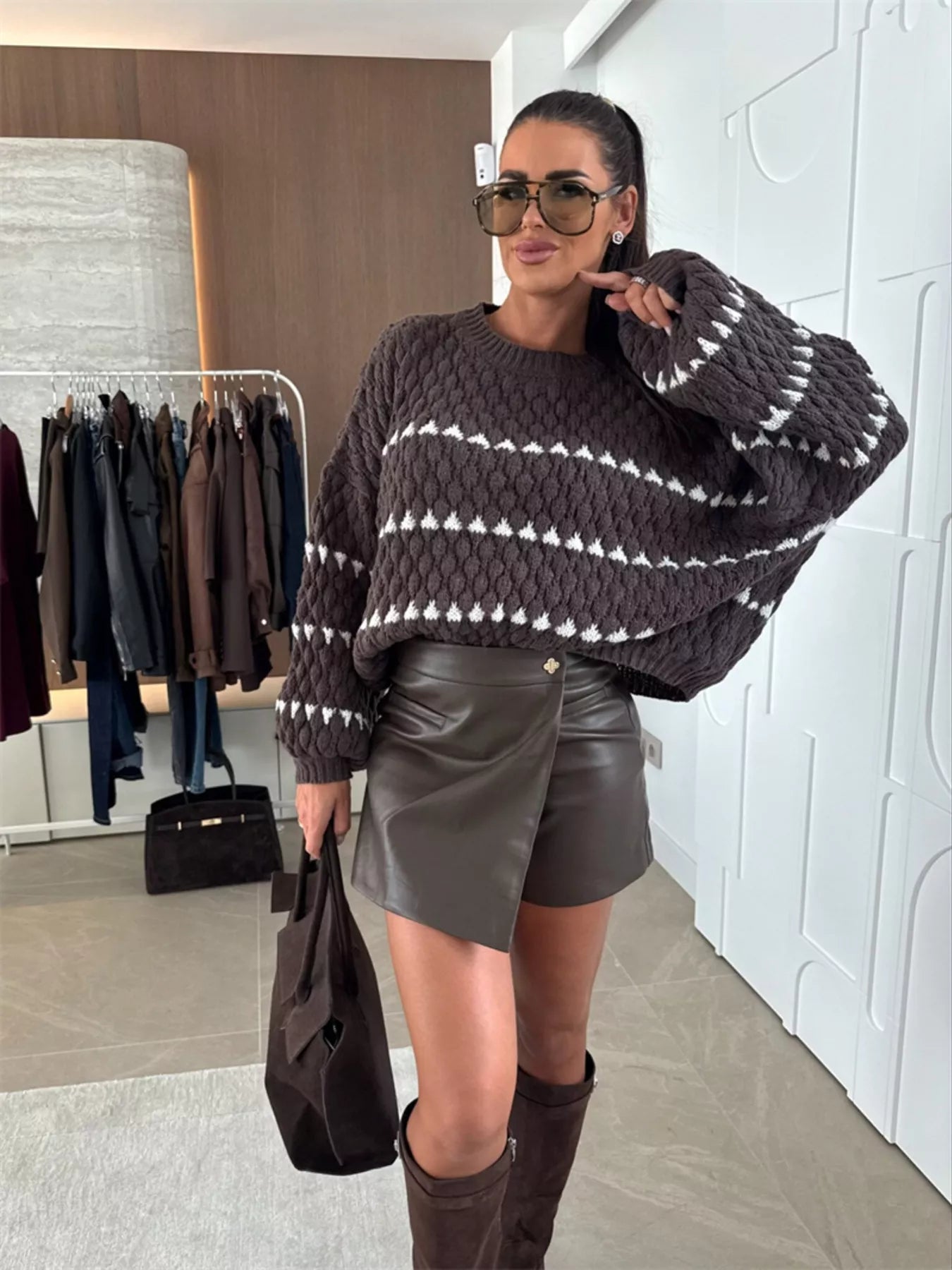 Chunky Knit Striped Sweater with Balloon Sleeves – Cozy Chic Style
