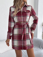 Burgundy plaid belted shirt dress, long sleeves, button placket, tie waist belt.