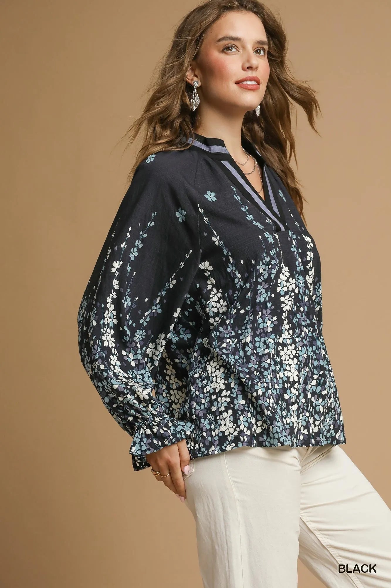 Floral Vine Print Blouse – Elegant Balloon Sleeve Feminine Top