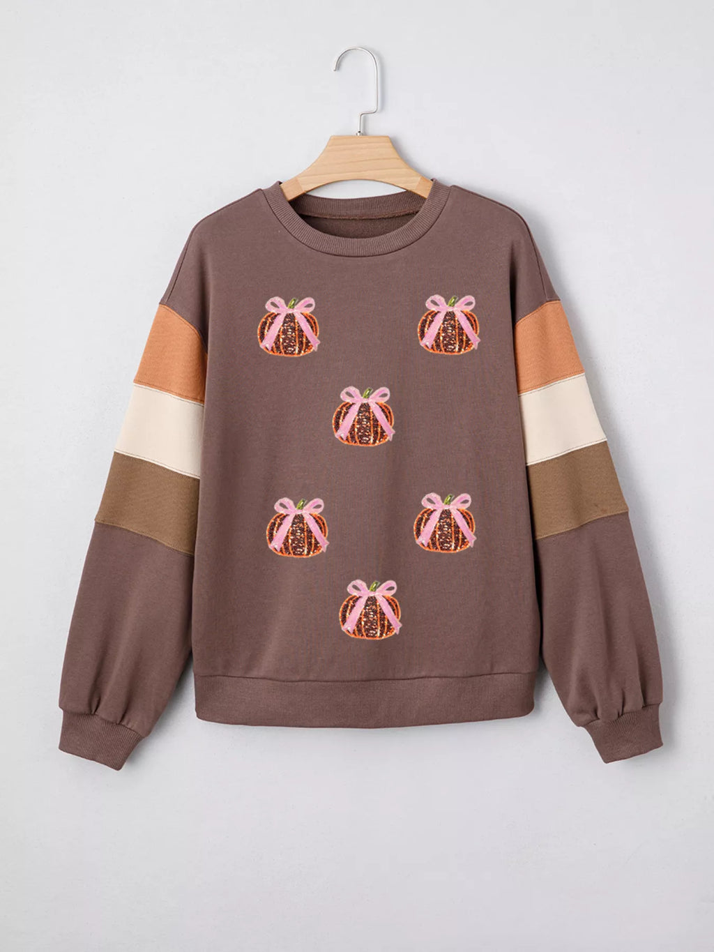 Sequin Bow Pumpkin Round Neck Sweatshirt – Festive Fall Style