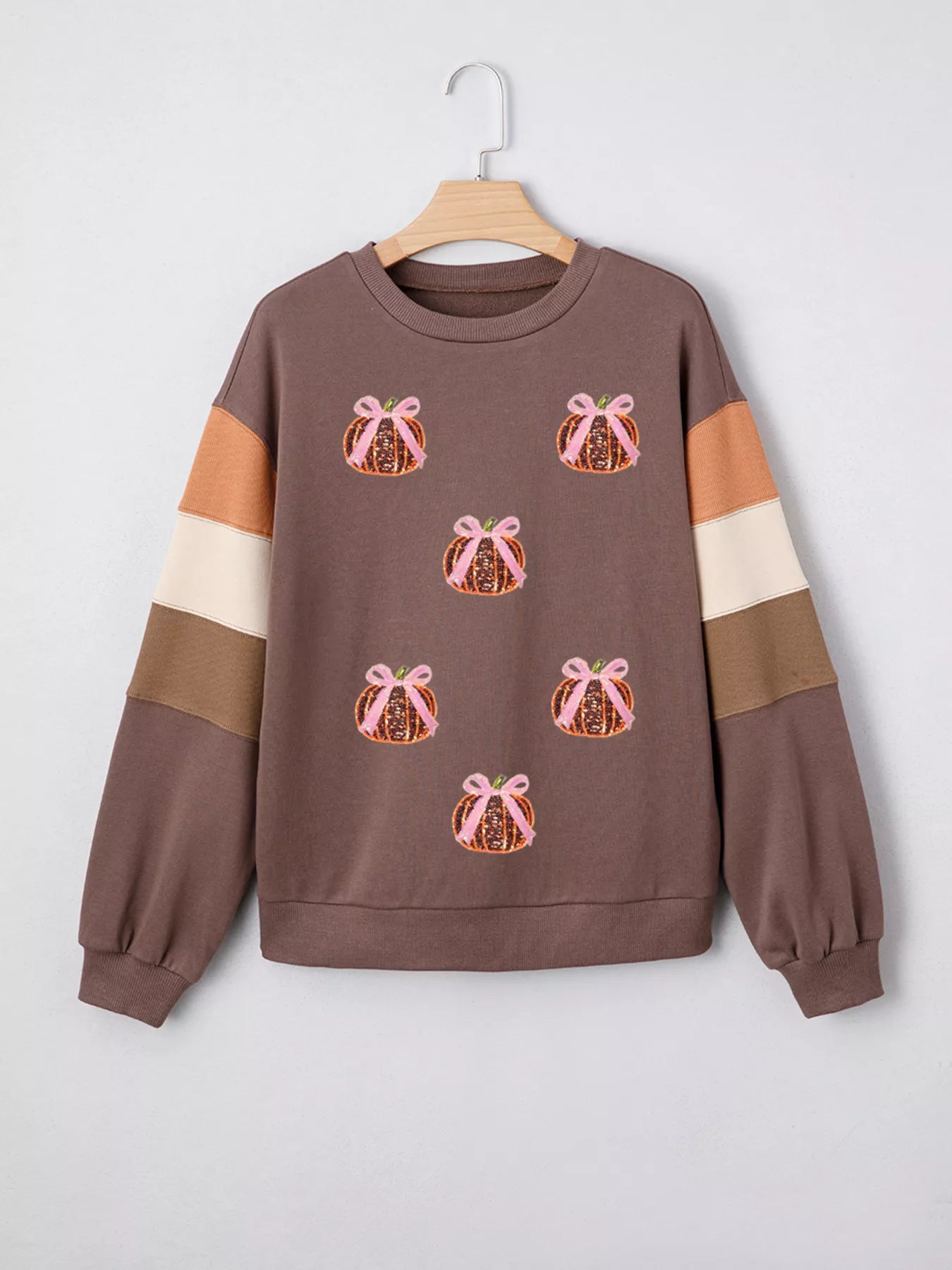 Sequin Bow Pumpkin Round Neck Sweatshirt – Festive Fall Style