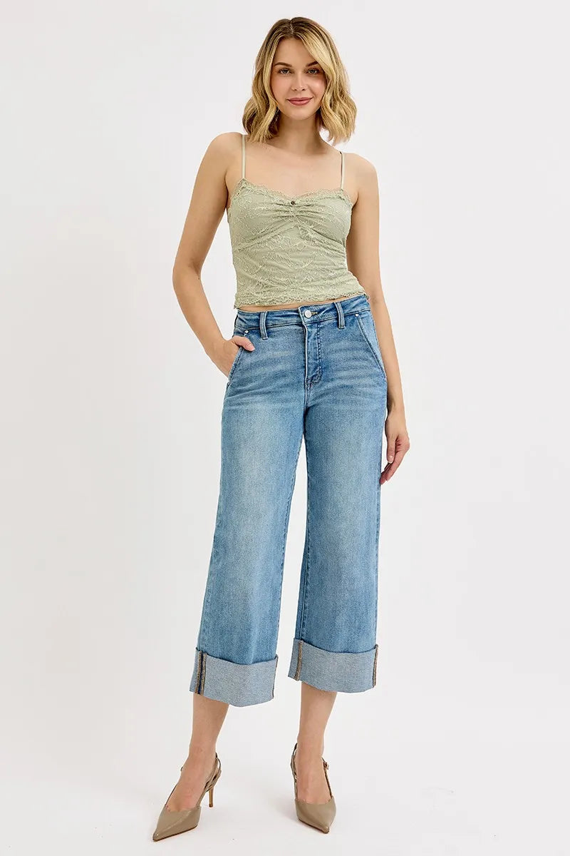 Dreamkue-Risen Women's High Rise Tummy Control Ankle Jeans with Wide Cuffed Hem