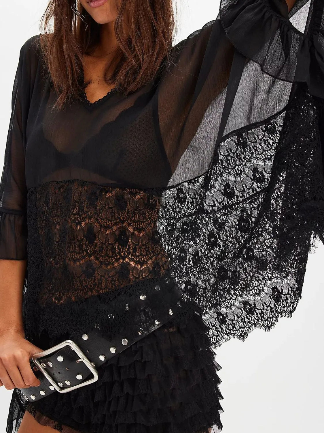 Lace V-Neck Ruffle Long Sleeve Cover-Up – Chic Beachwear Layer