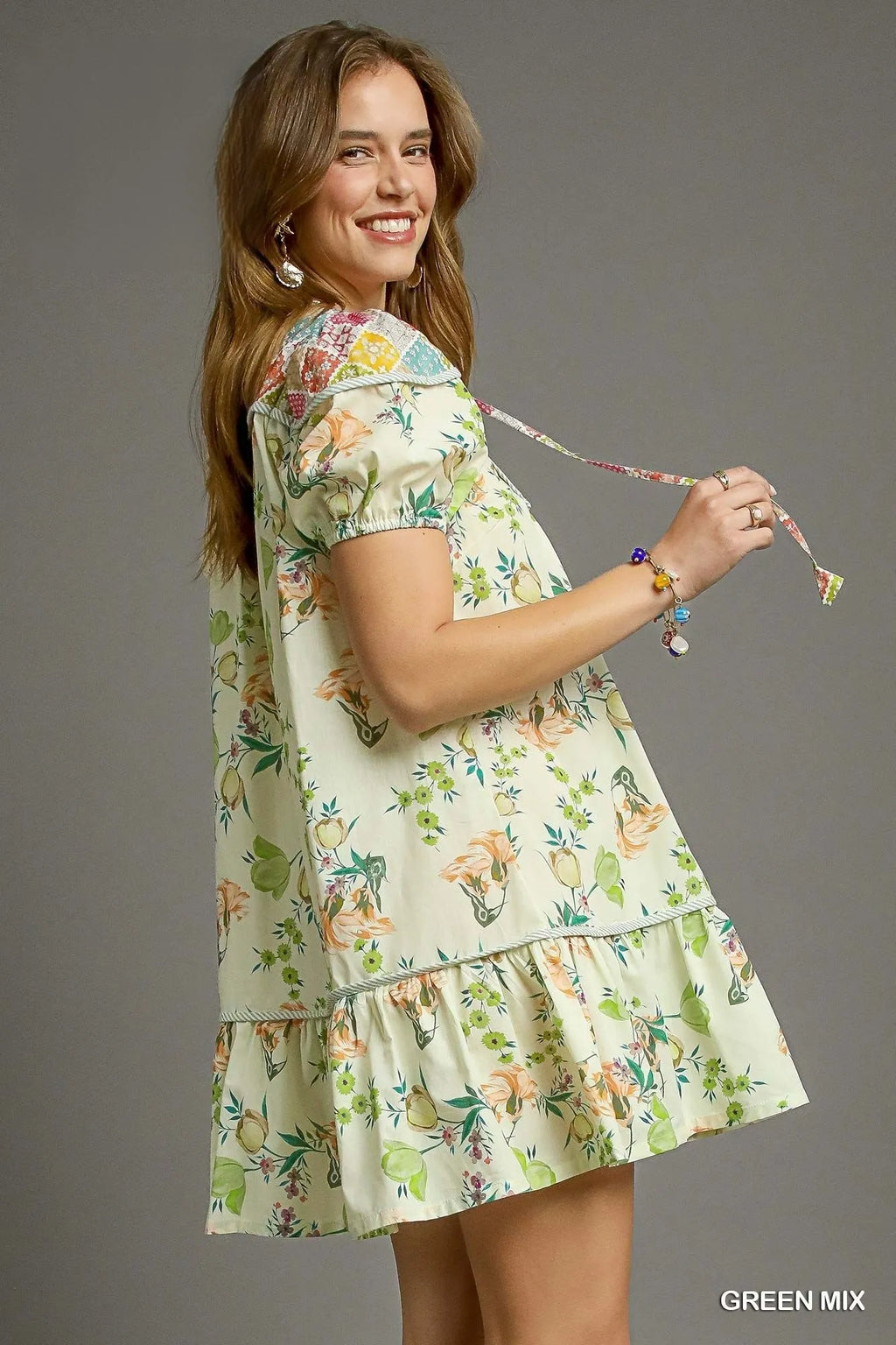 Floral Tie Neck Puff Sleeve Dress Feminine, Vintage Inspired Style