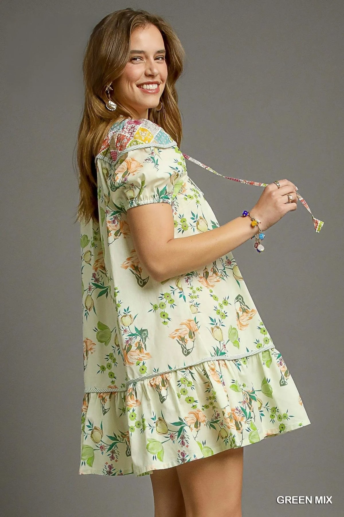Floral Tie Neck Puff Sleeve Dress Feminine, Vintage Inspired Style
