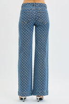 High Rise Wide Leg Bow Embroidered Jeans | Feminine Trendy Denim