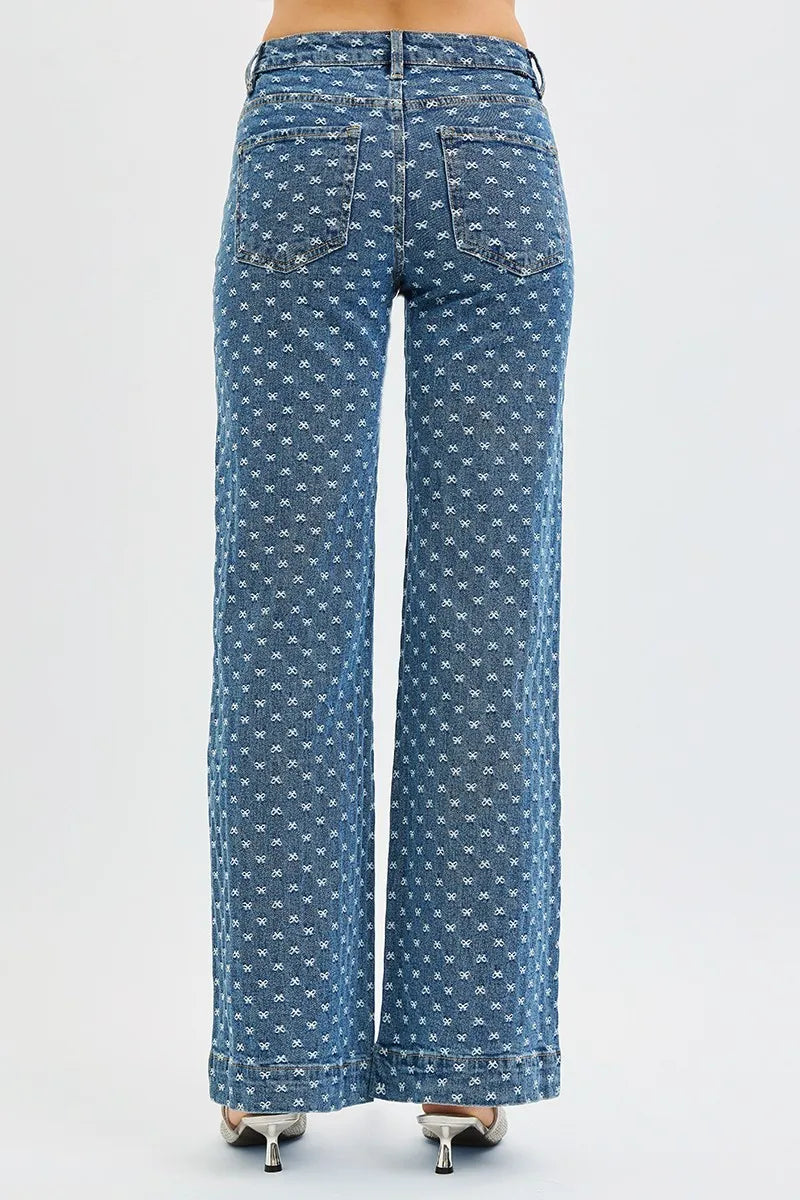 High Rise Wide Leg Bow Embroidered Jeans | Feminine Trendy Denim