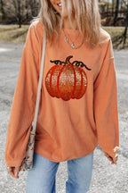 Sequin Pumpkin Round Neck Long Sleeve Sweatshirt – Festive Fall Style