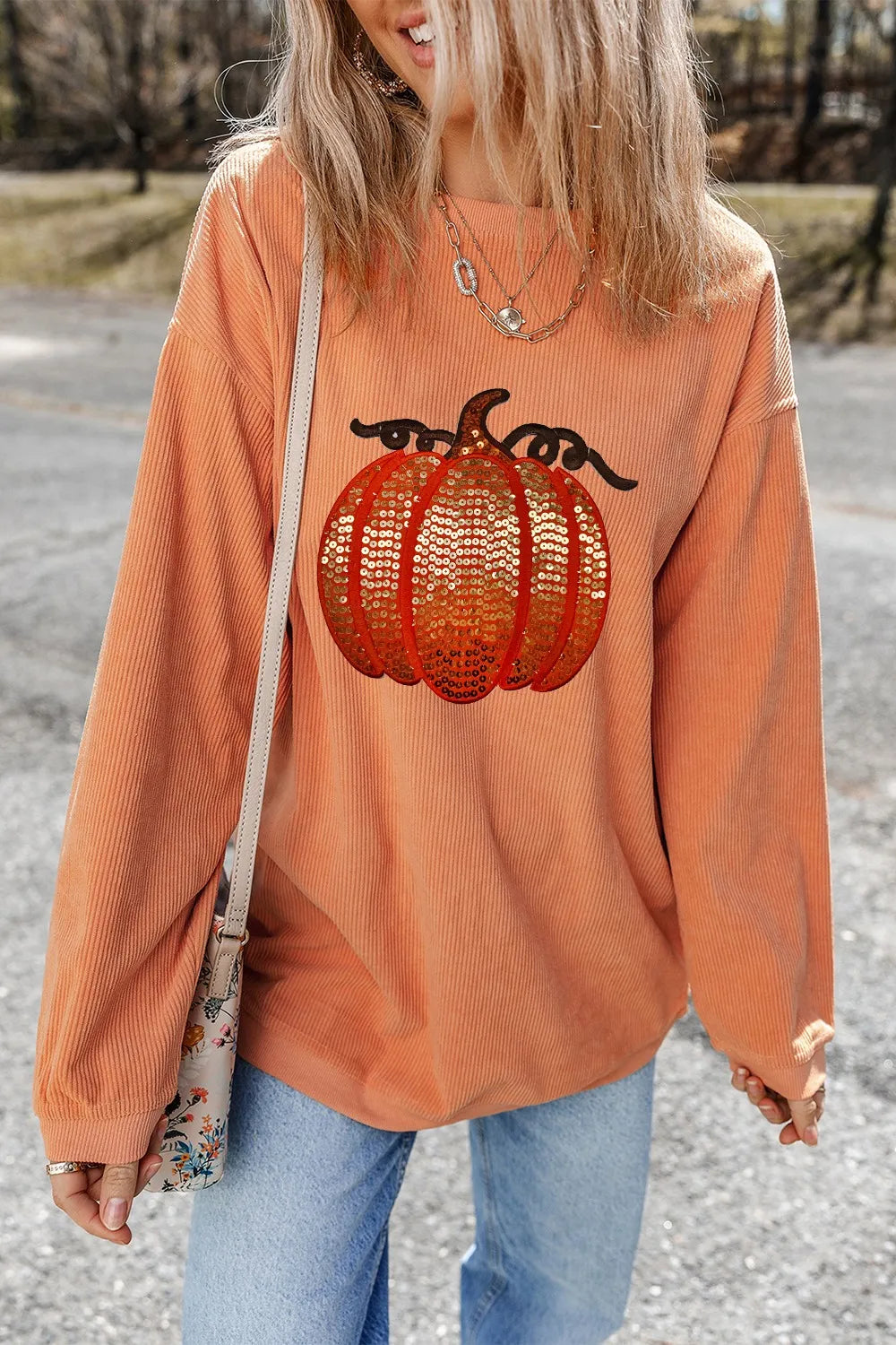 Sequin Pumpkin Round Neck Long Sleeve Sweatshirt – Festive Fall Style