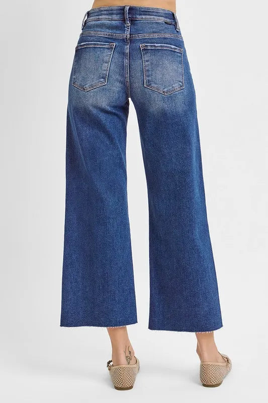 Dreamkue-Risen Women's Wide Leg Cropped Jeans High Rise Stretch Denim Pants Casual Style